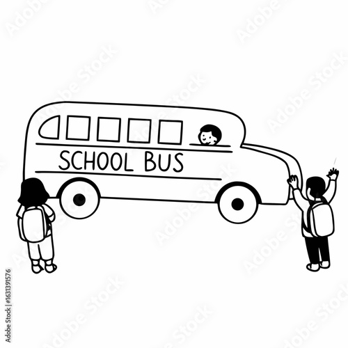 Illustration of two students waiting for the school bus with a child inside it
