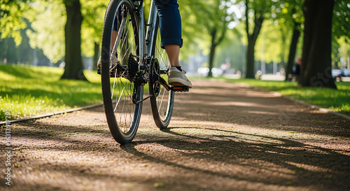 A person cycling along a paved path in a park on a sunny day.