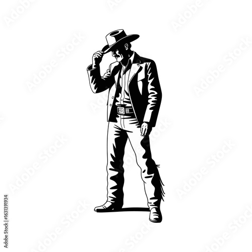 Black and White Silhouette Vector Illustration of a Cowboy or Western Man Tipping His Hat in a Greeting or Salutation Pose, Wearing Chaps and Vintage Attire