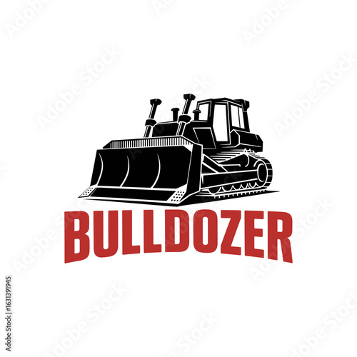 Bold Black and White Vector Illustration of a Heavy Bulldozer or Tracked Tractor with a Large Blade