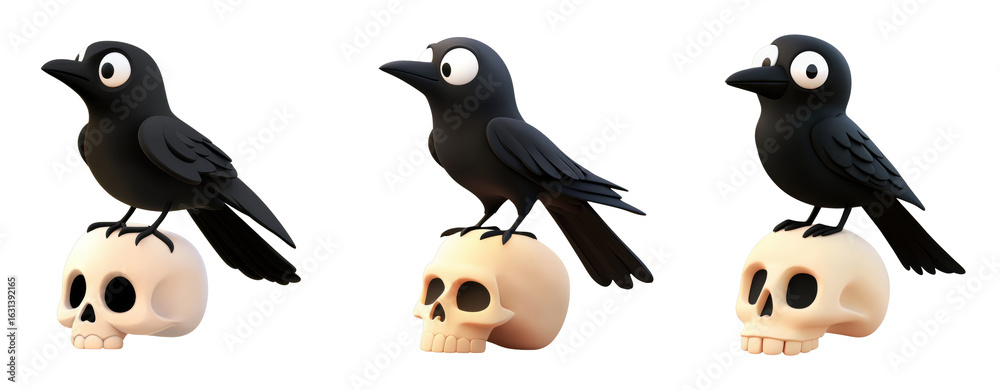 Fototapeta premium Playful cartoon crows perched on skulls