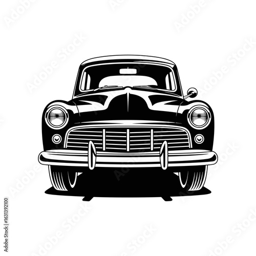 Front View Black and White Monochrome Vector Illustration of a Vintage European Small Car, Featuring Classic Headlights and Chrome Bumper, Isolated on White