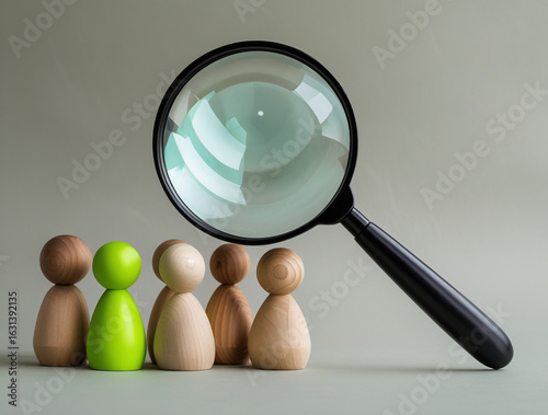 Wooden figures under magnifying glass green figure people