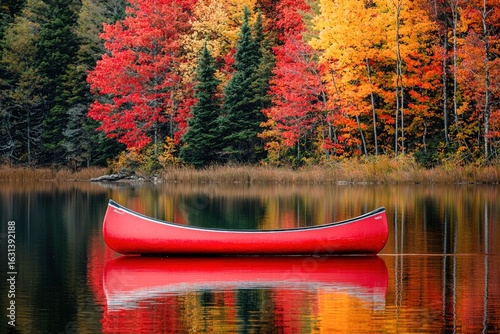 Red canoe and golden trees reflected in water