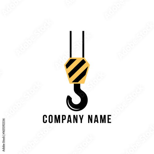 A bold and simple logo or icon of a heavy duty crane hook in black and yellow, hanging from cables
