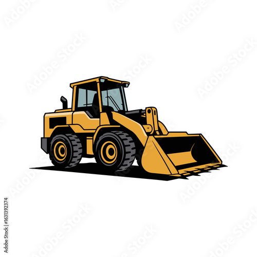 illustration of a yellow wheel loader or front-end loader construction vehicle with a large scoop or bucket