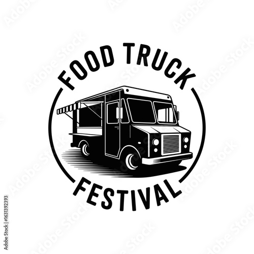 logo or emblem featuring a vintage food truck with an awning, framed in a circle with the text Food Truck Festival