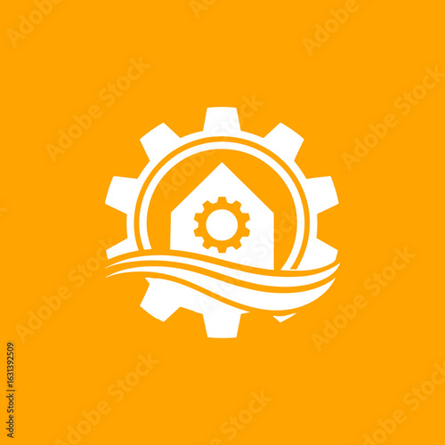 A modern, monochrome vector logo featuring a stylized house or home silhouette enclosed within a large gear or cogwheel, with white swooshes on a vibrant orange background