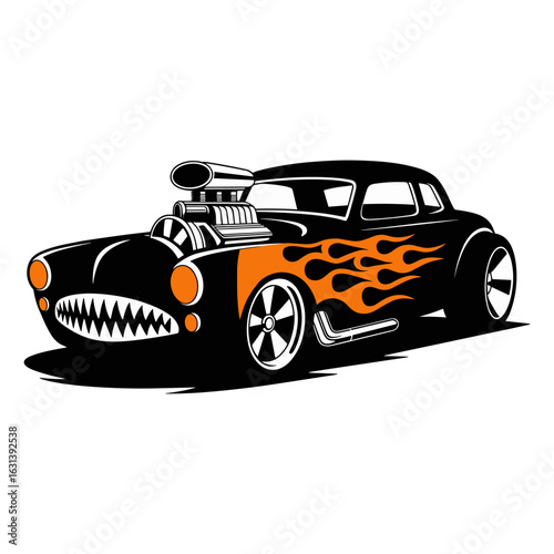 Retro Hot Rod Car with Flames and Shark Teeth Grille Classic Custom Muscle Car
