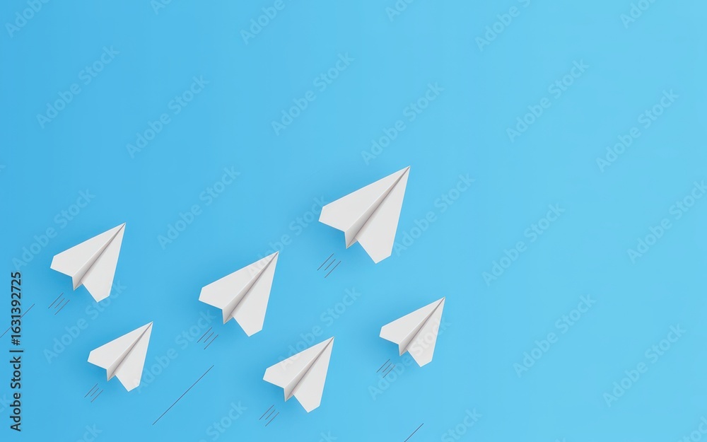 Paper airplanes flying on a blue background, concept of leadership