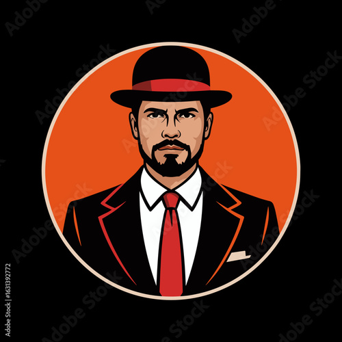 Confident Man with Beard and Bowler Hat in a Circle Logo