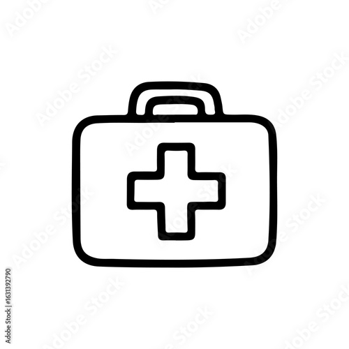 Simple black line icon of a first aid kit with a cross. Ideal for emergency care, rescue, medical treatment, and healthcare concepts. Isolated vector illustration on white background.