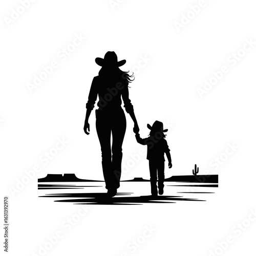 Silhouetted Mother and Child Walking in Western Landscape with Cacti, a Minimalist Black and White Vector Illustration for Family, Western, and Outdoor Themes
