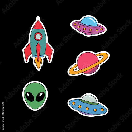 Retro style space and UFO sticker set with rocket, planets, and alien
