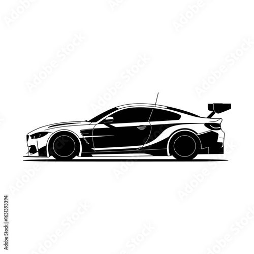 Racing or drifting sports coupe car with wide body kit, black and white vector illustration