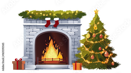 fireplace with christmas decorations tree and gifts vector graphic design