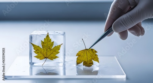 A scientist in a lab conducts cryobiology research, comparing a fresh maple leaf with one preserved frozen in an ice cube for analysis