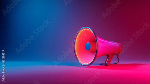 A vibrant pink megaphone illuminated by blue and red neon lights, symbolizing modern communication, marketing announcements, and public alerts.