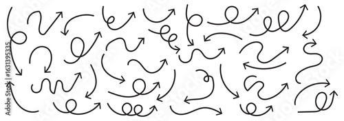 set of black thin line curve arrow. hand drawn direction arrow vector illustration