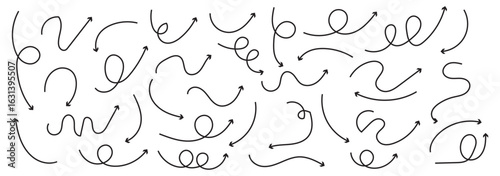 set of black thin line curve arrow. hand drawn direction arrow vector illustration