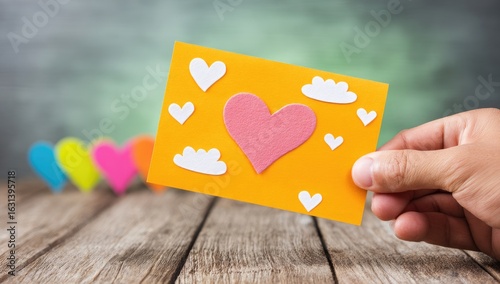 Hand holding a handmade card with hearts and clouds