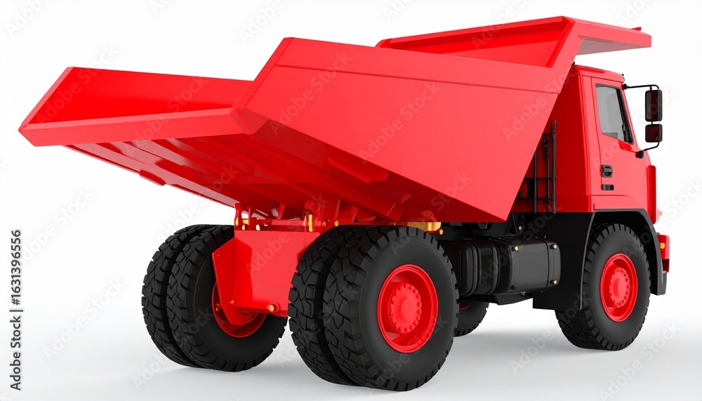Obraz premium Red dump truck with raised bed and six rugged wheels, isolated on white.