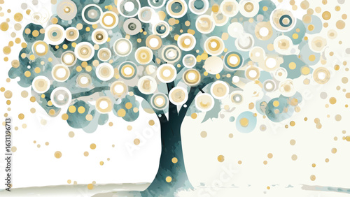 Watercolor painting of a tree with circular leaves in shades of blue and gold on a white background