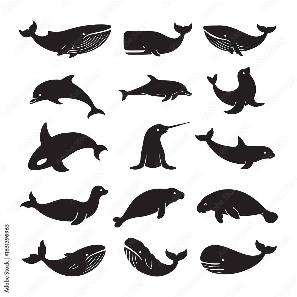 Obraz premium Collection of marine mammal silhouettes