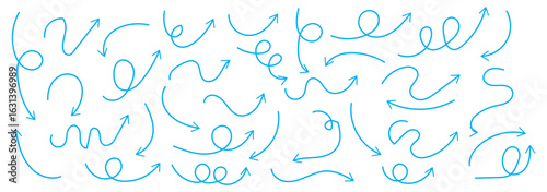 set of black thin line curve arrow. hand drawn direction arrow vector illustration