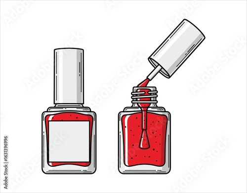 A clear bottle of red nail polish featuring a line icon design, comes with both a regular and an open lid.

