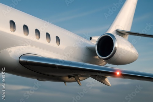 Generic private jet is flying high in the blue sky