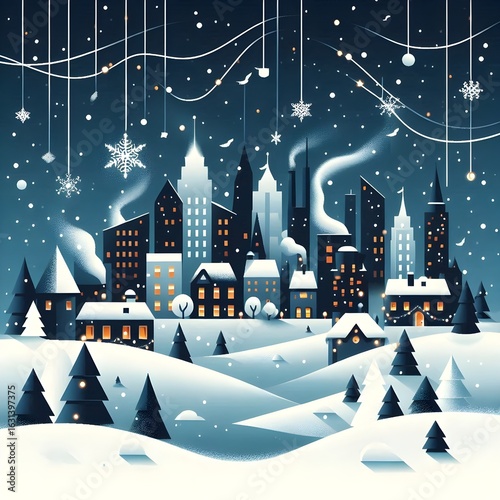 Urban landscape in a geometric minimal flat style. New year and Christmas winter city among snowdrifts, falling snow, trees and festive garlands. Abstract horizontal banner with space for the text