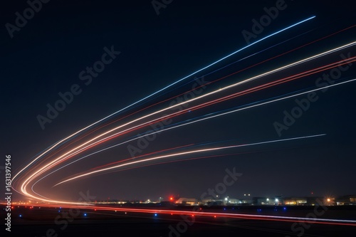 Airplane light trails taking off at night from airport runway