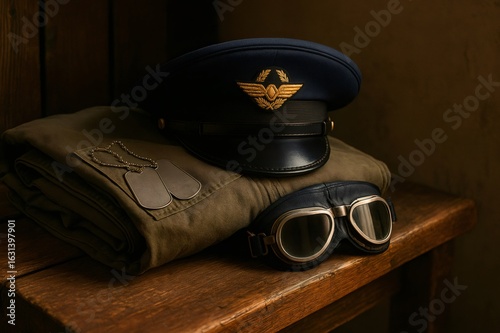 Military uniform, cap, goggles and dog tags resting on wooden surface