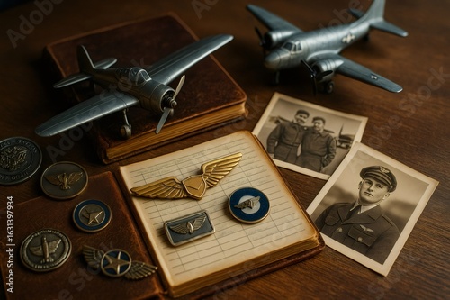Miniature airplanes, pilot badges, and old photos remembering a military aviator career