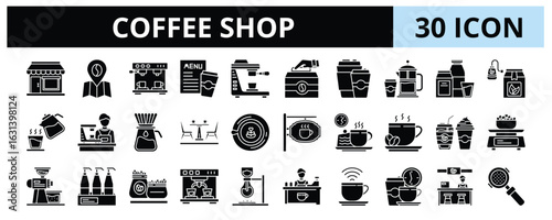 30 Coffee Shop Glyph Icons Vector - cafe, coffee, shop, restaurant, drink, bar, business