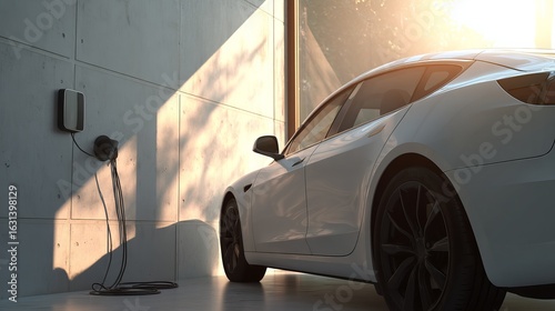 White electric car charging at wall station in modern sunlit home garage