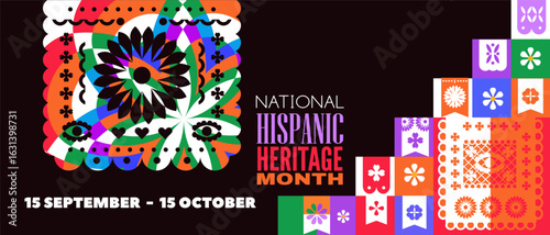 National Hispanic heritage month banner with girl, papel picado, guitar Hispanic and Latino Americans culture, event Celebrate annual october in United States Vector illustration template background