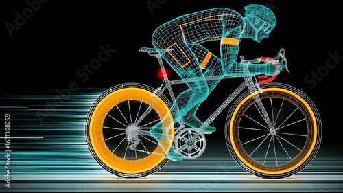 A mesh wire illustration of a cyclist in full sprint, bike and rider as continuous glowing mesh, motion blur trail behind