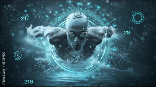 A swimmer diving in, surrounded by water-activated holographic performance metrics

