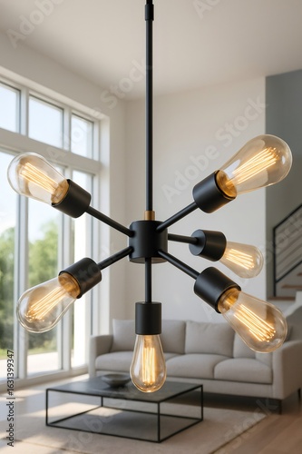 Modern chandelier illuminating contemporary living room