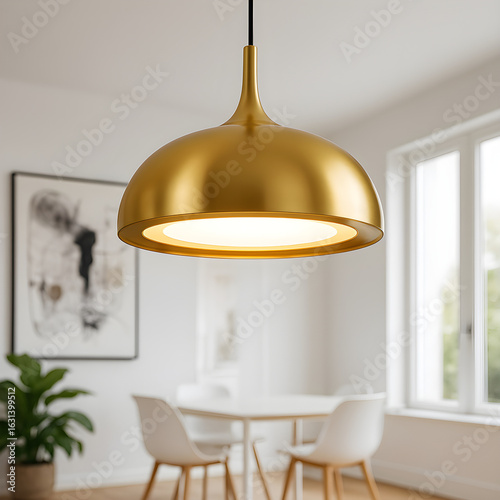 Modern golden pendant lamp illuminating dining room