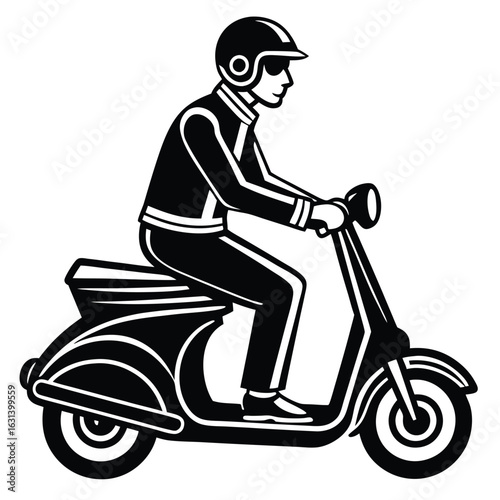Black and white illustration of a person riding a vintage scooter, wearing a helmet and jacket.
