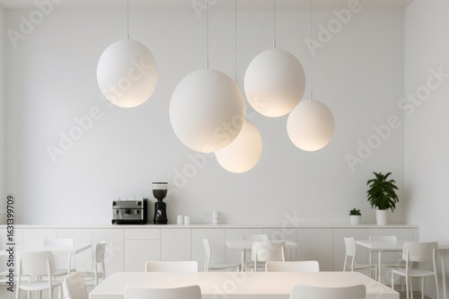Modern white spherical lamps illuminating minimalist cafe interior