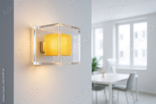 Modern transparent cubic wall lamp illuminating white office room