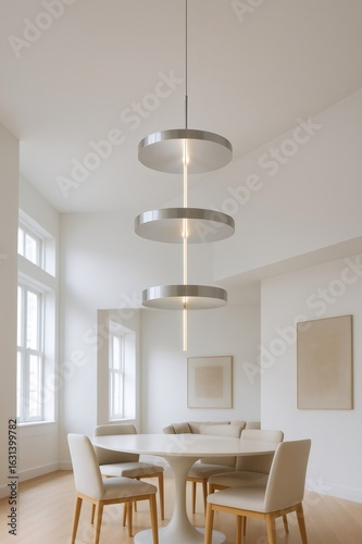 Modern pendant lamp illuminating dining room with white furniture