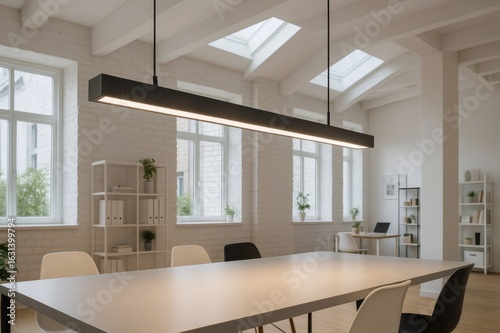 Modern black led lamp illuminating meeting table in coworking office