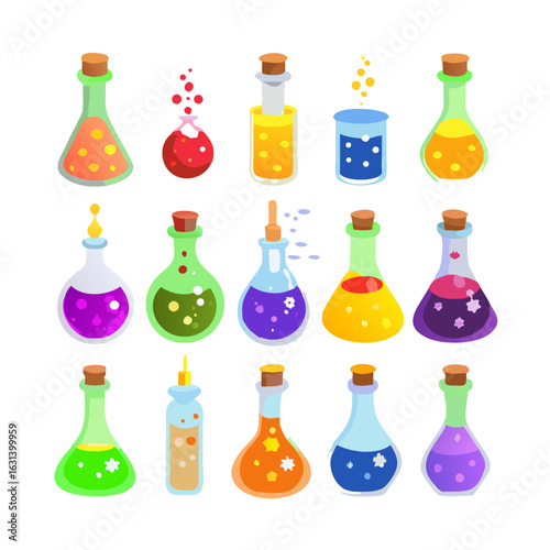 Colorful potion bottles and flasks isolated on white background