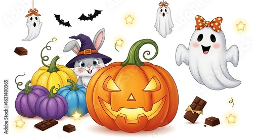 Adorable Halloween Bunny, Jack-o'-Lantern, Ghosts, and Chocolate Treats: Cartoon Illustration