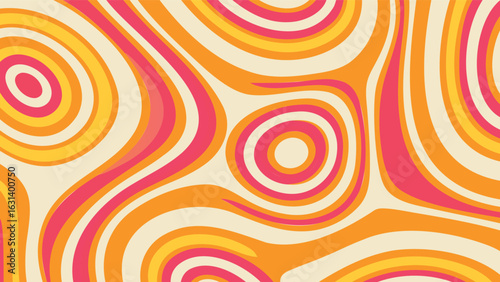 Abstract groovy background with orange pink and yellow concentric shapes forming a psychedelic pattern